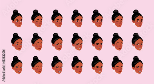 African american bundle, black hair woman emote set. Dark attractive female head, emotional facial expressions. Different face icons, positive, negative emotion pic. Vector cartoon on pink background