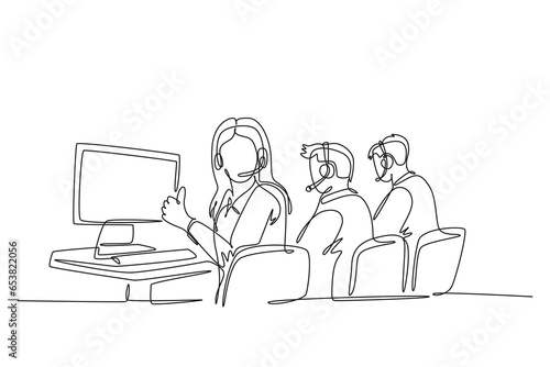 Single continuous line drawing group of male and female call center workers sitting in front of computer with thumbs up gesture. Customer service business. One line graphic design vector illustration