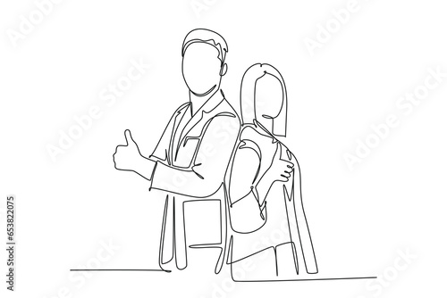 Single continuous line drawing young happy couple male and female doctor standing together and giving thumbs up gesture. Medical healthcare teamwork. One line draw graphic design vector illustration
