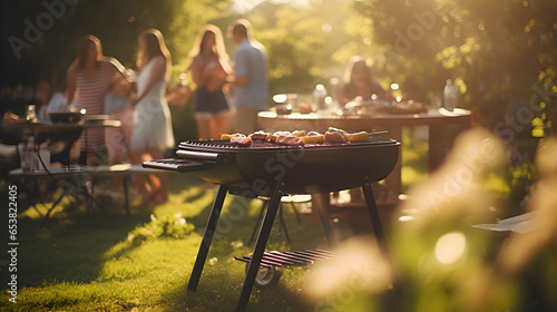 Family and friends having a picnic barbecue in the garden. Enjoy eating blurred backgrounds.