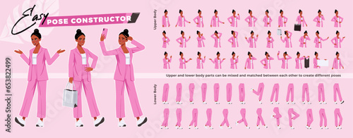 African american woman in vivid pink, pretty black girl character easy pose constructor. Fashion, beauty, pop culture blogger drag drop set, body match figure building. Vector cartoon construction kit