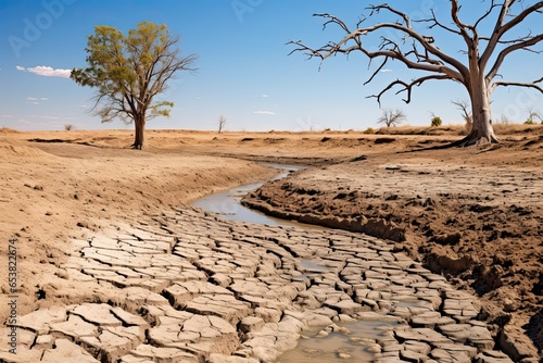 The bed of a river, lake, or reservoir is dry, with low water levels and dried out trees due to lack of precipitation, drought