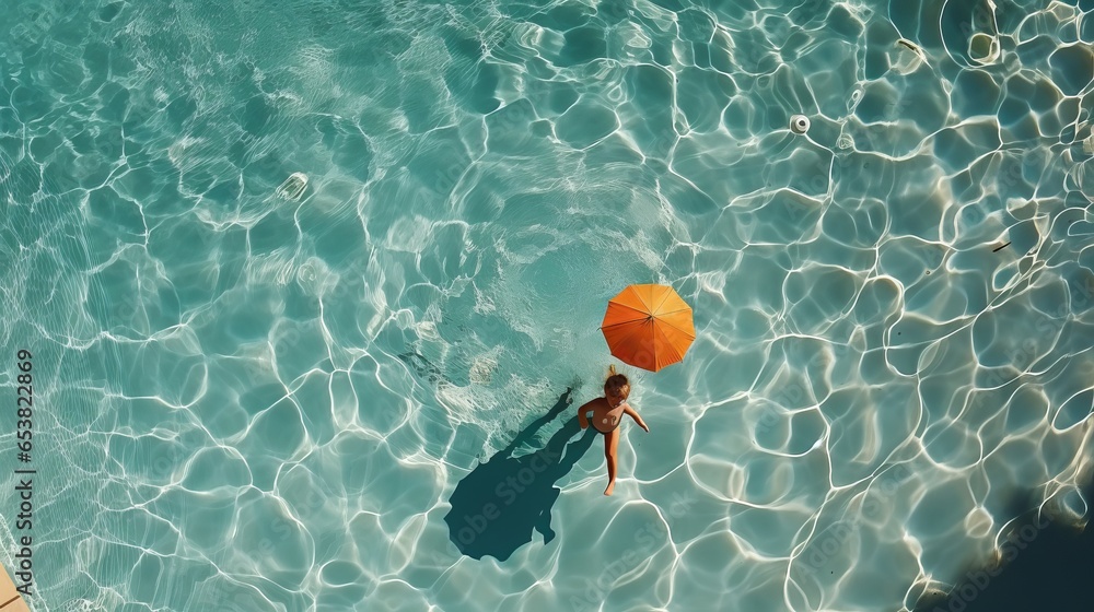 A child from the back in a pool with azure water, summer vacation in a warm country, sunbathing. Warm pool Concept: Resort and travel, banner with free space for copy space A child from the back in a pool with azure water, summer vacation in a warm country, sunbathing. Warm pool Concept: Resort and travel, banner with free space for copy space
