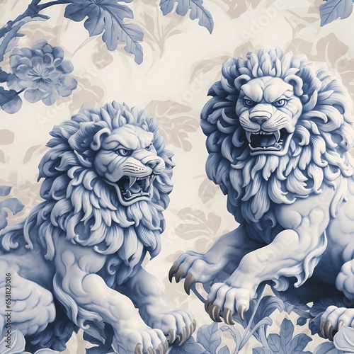  chinoiserie wallpaper art with a couple of chinese guardian lions, blue ceremic pattern in watercolor photo