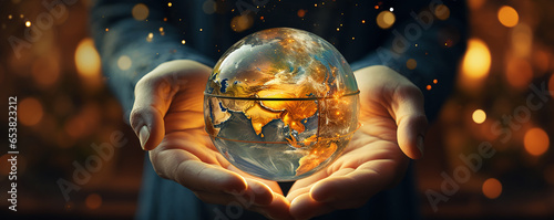 hands holding  Globe Glass earth globe  earth day World environment day concept, Forest  green background, Global Responsibility: Ecology and Conservation, Sustainability and Environmental Protection photo