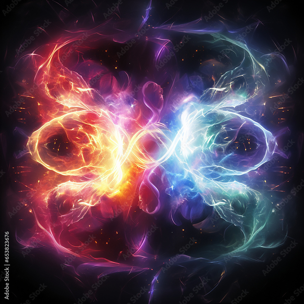 Obraz premium Two glowing mystical energies flowing in opposite directions created with Generative Ai