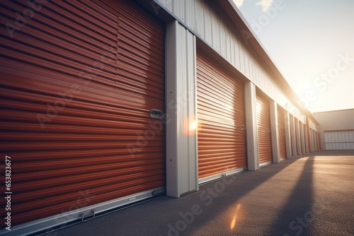 Exterior view of a self storage units row. Individual storage unit metal roll up doors. Generative Ai photo