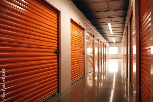 Interior view of a self storage units. Individual storage unit metal roll up doors. Generative Ai