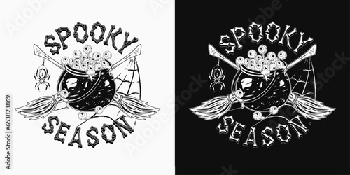 Label with witch cauldron full of eyeballs with goo, slime, criss crossed brooms, grunge silhouette of spider, spider web, bone text. Monochrome illustration in vintage style