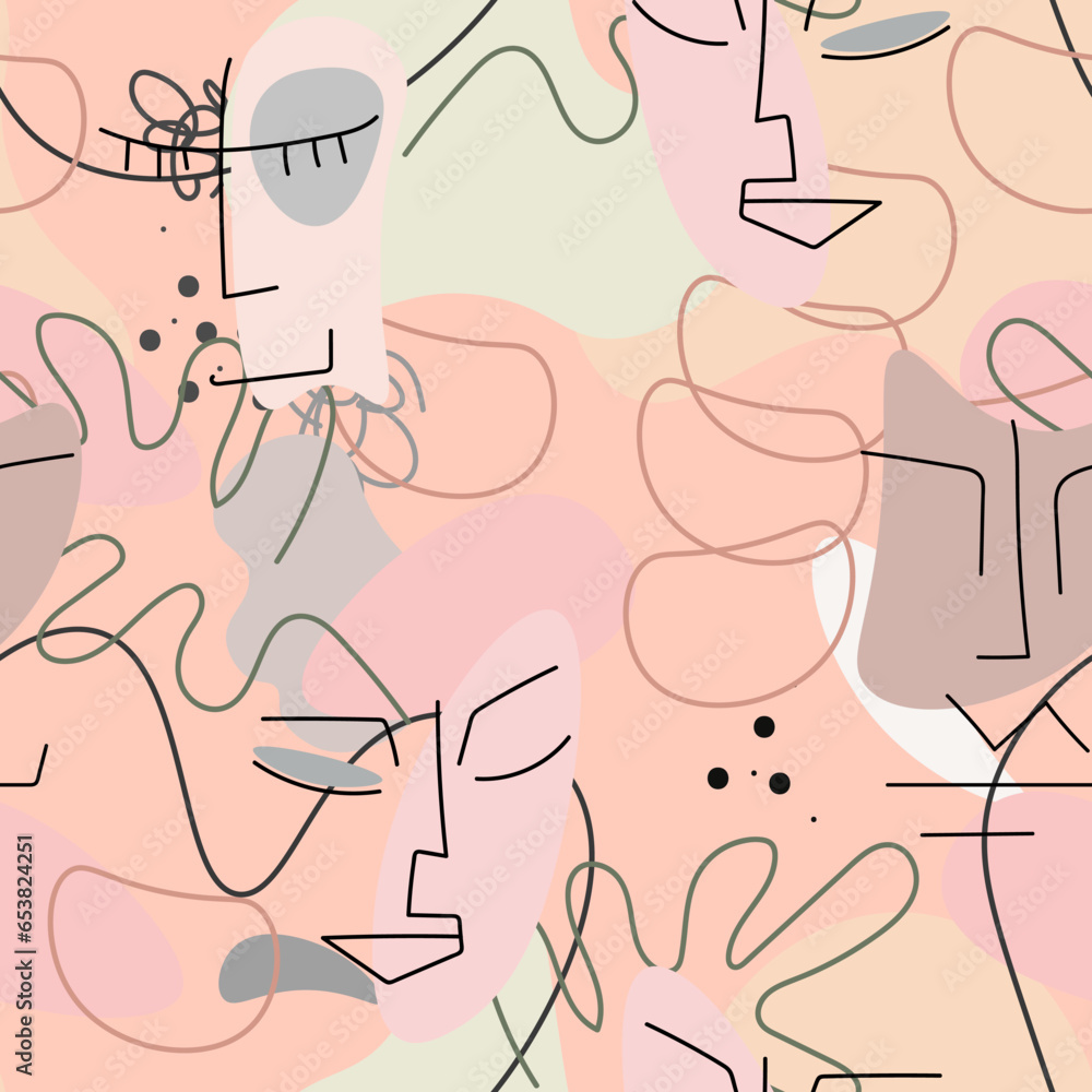 Fototapeta premium One line drawing. Abstract face seamless pattern.