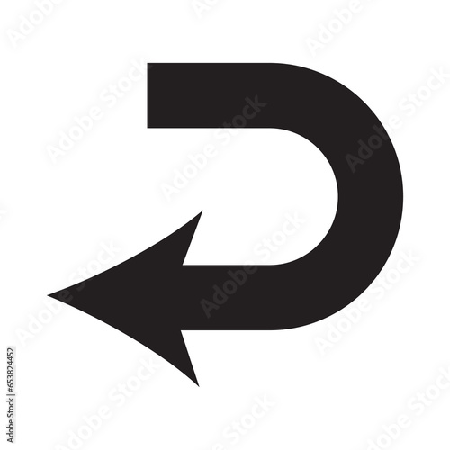 Black go back return arrow icon, simple vector u turn shape pointer flat design pictogram vector elements for app ads web banner button ui ux interface elements isolated on white background