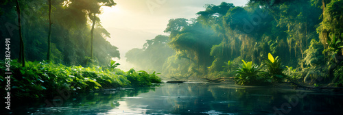 Landscape of rainforest  river  mountains  panoramic