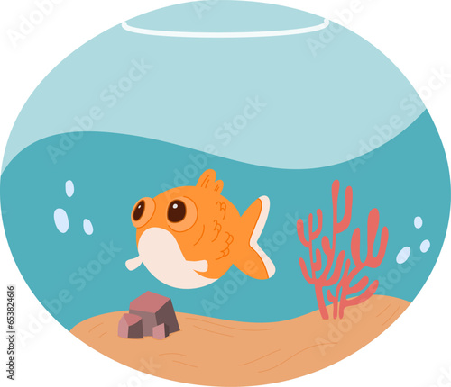 Single goldfish swimming in round glass bowl aquarium. Vector illustration