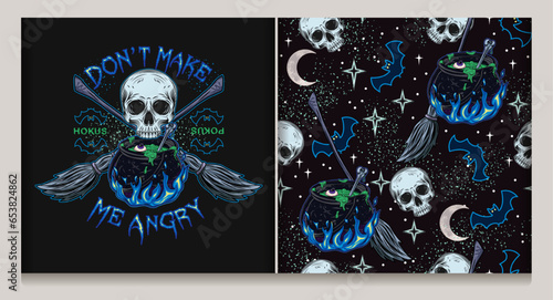 Seamless pattern, label with witchy cauldron with bubbling green potion, blue fire, half skull, brooms, bat, stars, text Dont make me angry Halloween night. Witchcraft illustration. CMYK blue