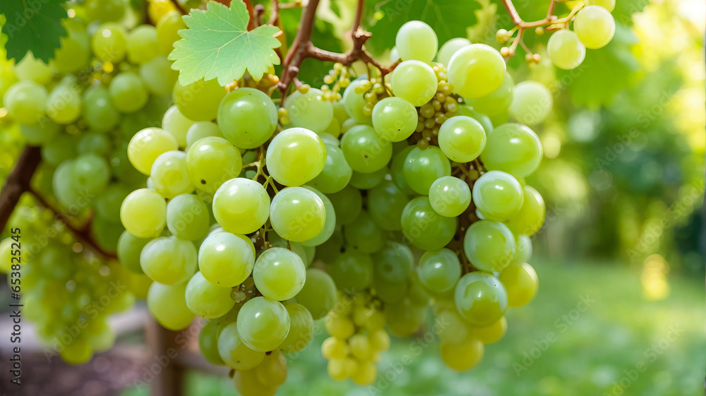 Fresh Green Grapes Hanging from Garden Tree Fresh Green Grapes Hanging from Garden Tree