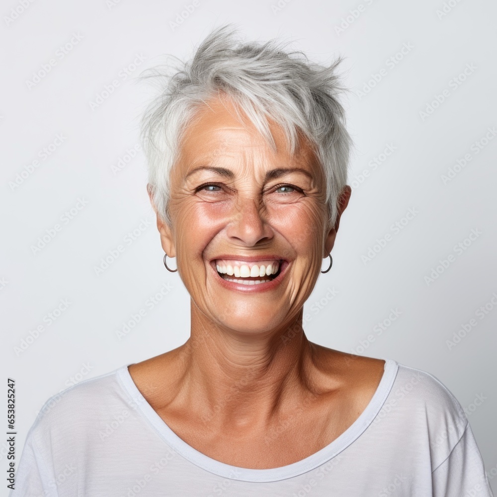 a closeup photo portrait of a beautiful old mature european american woman smiling with clean teeth. for a dental ad. lady with stylish hair and skin care. isolated on white background. Generative AI a closeup photo portrait of a beautiful old mature european american woman smiling with clean teeth. for a dental ad. lady with stylish hair and skin care. isolated on white background. Generative AI