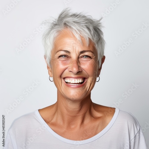 a closeup photo portrait of a beautiful old mature european american woman smiling with clean teeth. for a dental ad. lady with stylish hair and skin care. isolated on white background. Generative AI