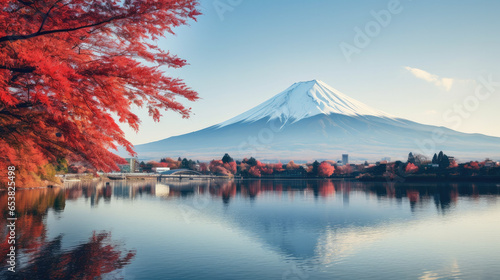 Colorful Autumn Season and Mountain Fuji with morning fog and red leaves at lake Kawaguchiko is one of the best places in Japan