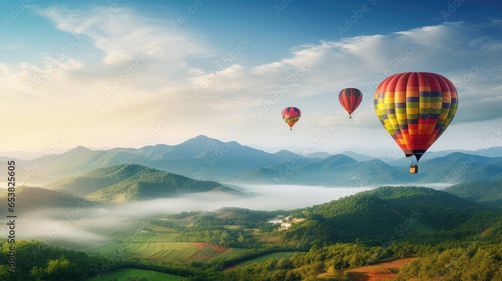 Fototapeta premium Hot air balloon above high mountain at sunset, filtered background