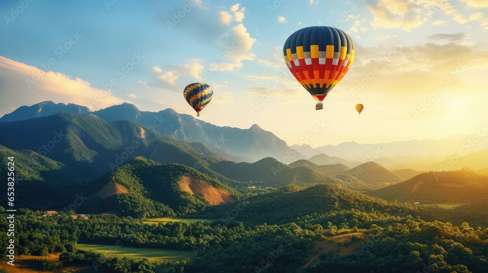Hot air balloon above high mountain at sunset, filtered background - obrazy, fototapety, plakaty 