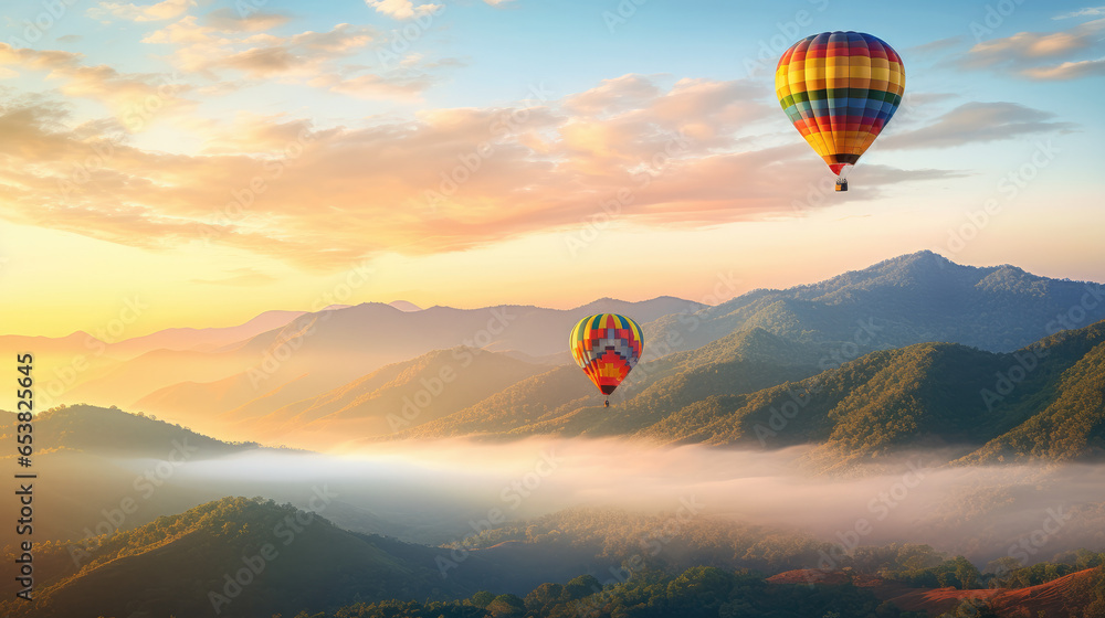 Obraz premium Hot air balloon above high mountain at sunset, filtered background