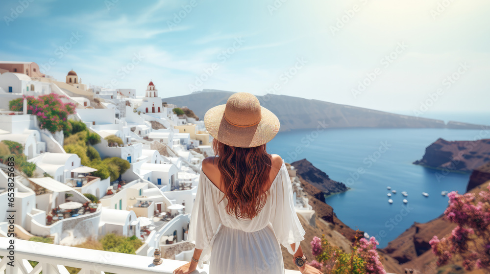Europe Greece Santorini travel vacation. Woman looking at view on famous travel destination. Elegant young lady living fancy jetset lifestyle wearing dress on holidays. Amazing view of sea and Caldera - obrazy, fototapety, plakaty 