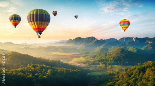 Hot air balloon above high mountain at sunset, filtered background © Oulailux