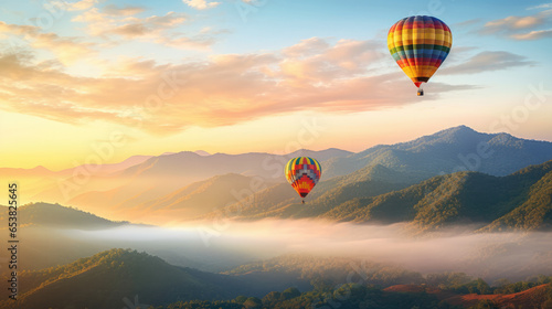 Hot air balloon above high mountain at sunset, filtered background © Oulailux