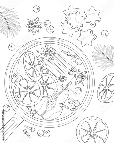 Winter mulled wine. Ingredients for mulled wine are on the table. Cookies, pine twigs. Coloring book for adults.