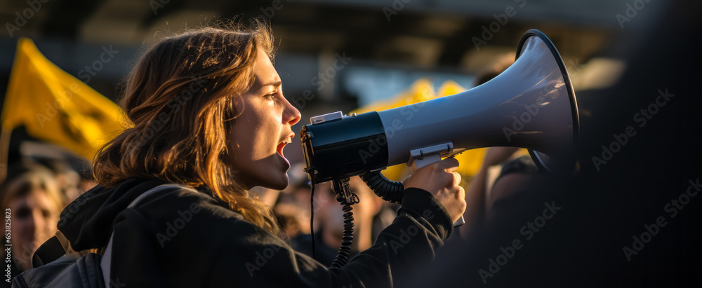 Female activist protesting with megaphone during a manifestation - obrazy, fototapety, plakaty 