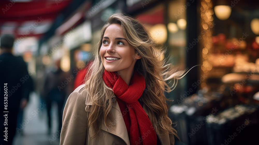 Portrait of beautiful young woman walking in the city.