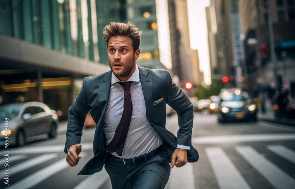 Businessman running in a city street