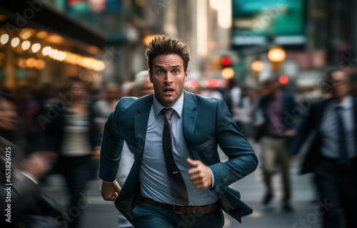 Businessman running in the city © thodonal