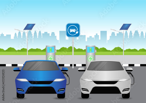 Electric car or EV car charging at  Charging Station in Parking Space. Green Energy or Eco-friendly Concept. Vector Illustration. 