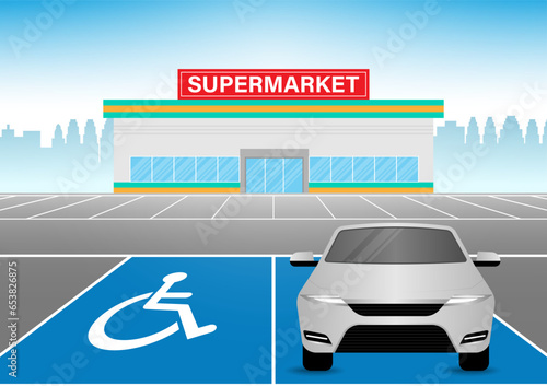 Car Parked at Handicapped Parking Area in Supermarket Store. Disabled Parking Space. Wheelchair Parking Space for Disabled People. Vector Illustration.