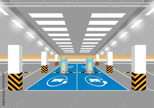 Electric car or EV car charging at a charging Station in Parking Space. Green Energy or Eco-friendly Concept. Vector Illustration. 