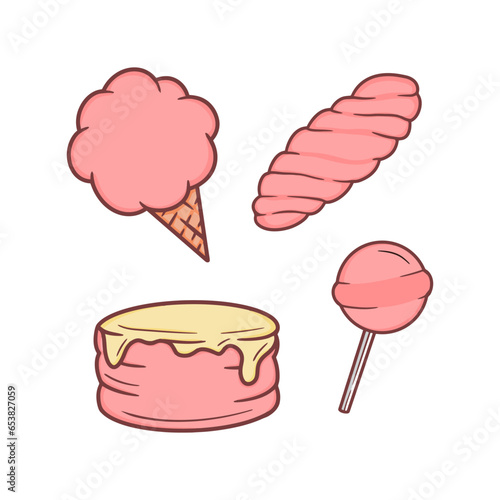  Sweet Food Collection Set of Cotton Candy, Twist Candy, Pudding and Lollipop