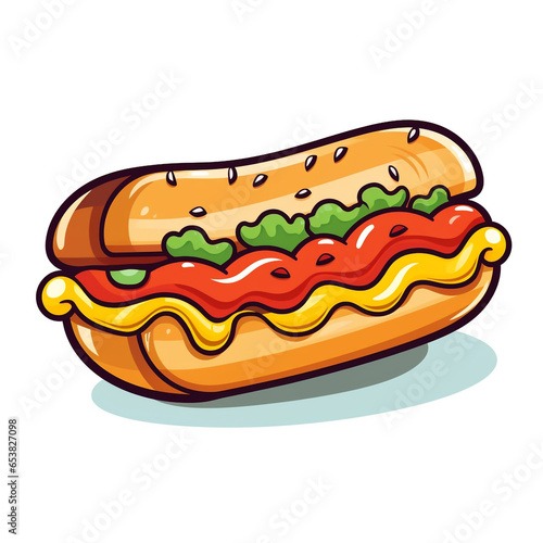 Cartoon-style illustration of hot dog isolated on plain background. Cheese is placed between slices of bread.