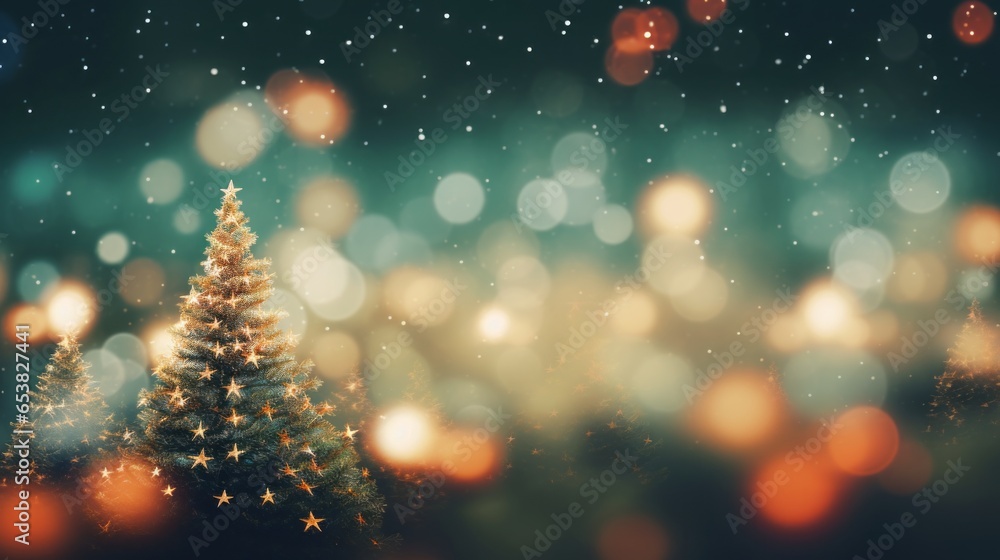 Close up of branches of Christmas tree with shiny golden colorful bauble or ball, xmas ornaments and lights background, Merry Christmas and Happy New Year, AI generated