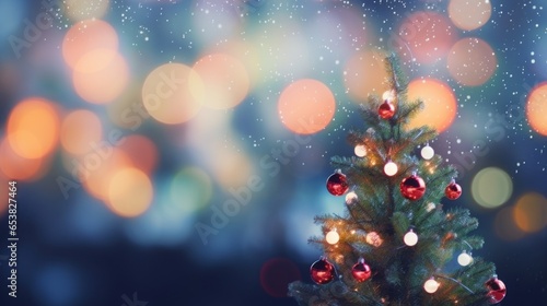 Close up of branches of Christmas tree with shiny golden colorful bauble or ball  xmas ornaments and lights background  Merry Christmas and Happy New Year  AI generated
