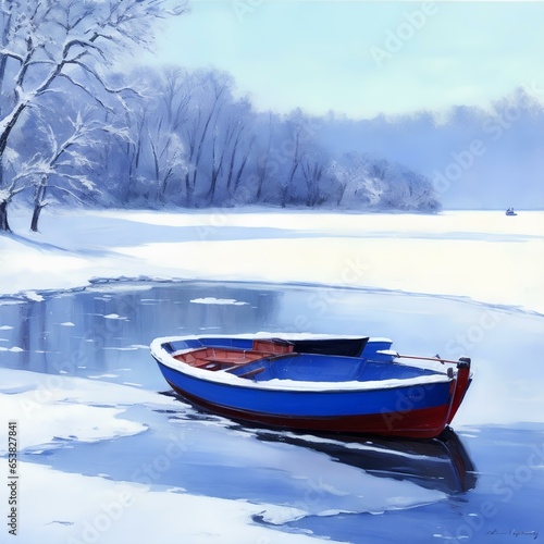 Winter landscape with ice lake and boat colorful painting