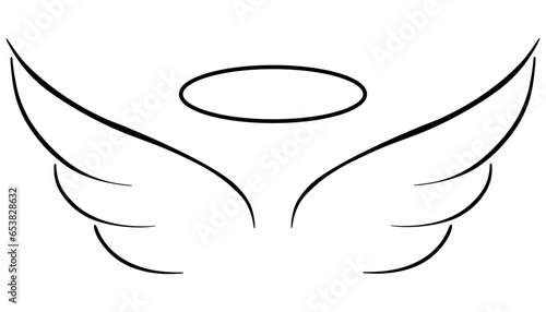 Divine halo with angel wings. Vector minimalist linear drawing.