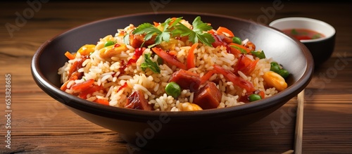 Asian fried rice using leftover rice eggs veggies and meat seafood originated in China before spreading in Asia