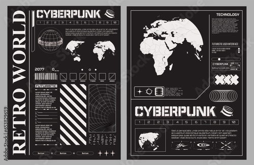 Abstract grid poster. Acid graphic style streetwear print with planet world map. Isolated on black background. Abstract future poster. In the Techno (hud) style, a trendy print for a T-shirt. Vector