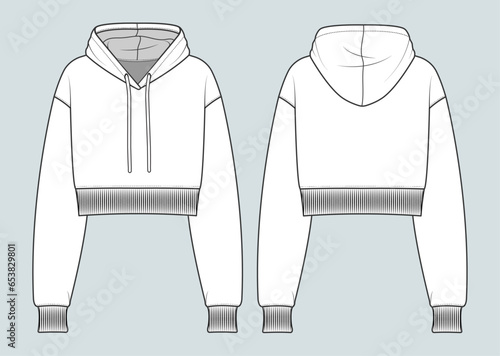 crop hoodie flat drawing technical sketch. long-sleeve hooded sweatshirt outfit design vector illustration for a clothing brand. fashion CAD drawing mock up design for garment, apparel template.