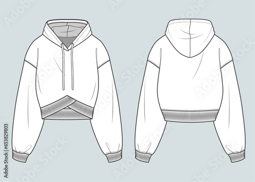oversized hoodie flat drawing technical sketch. long-sleeve hooded sweatshirt outfit design vector illustration for a clothing brand. fashion CAD drawing mock up design for garment, apparel template.