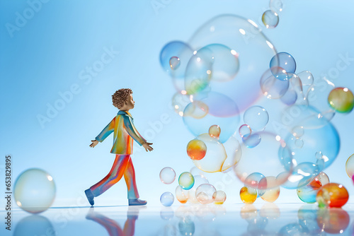 Teenager with curly hair close-up playing with soap bubbles against blurry blue sky, walking on mirror surface