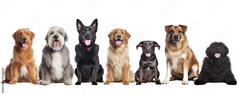 Fototapeta premium Happy smilling adult dogs of different breeds isolated on white background generative ai