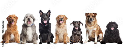 Happy smilling adult dogs of different breeds isolated on white background generative ai