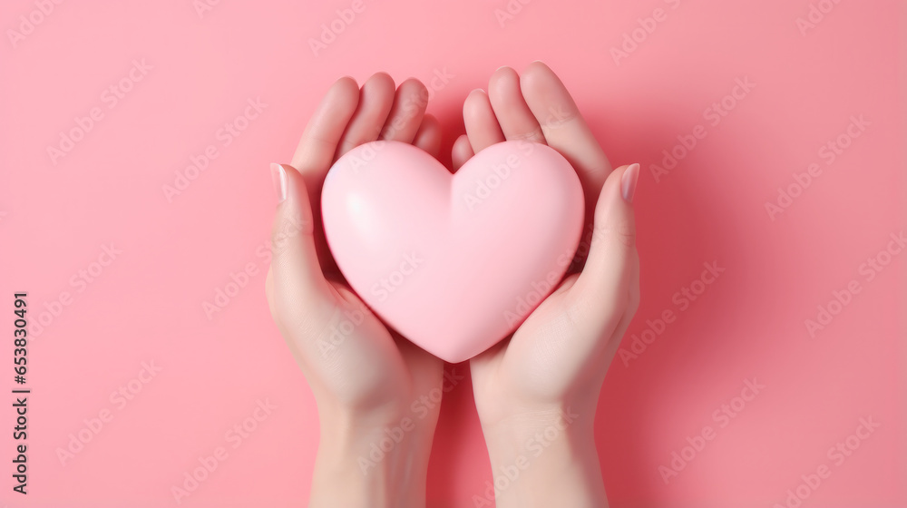 Heartfelt Gesture: Woman's Hands Cradle a Red Heart Against a Pastel Pink Background.. Heartfelt Gesture: Woman's Hands Cradle a Red Heart Against a Pastel Pink Background..